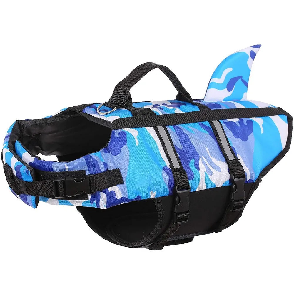 Shark Fin Dog Life Jacket - Camo Blue & Pink Safety Swim Vest