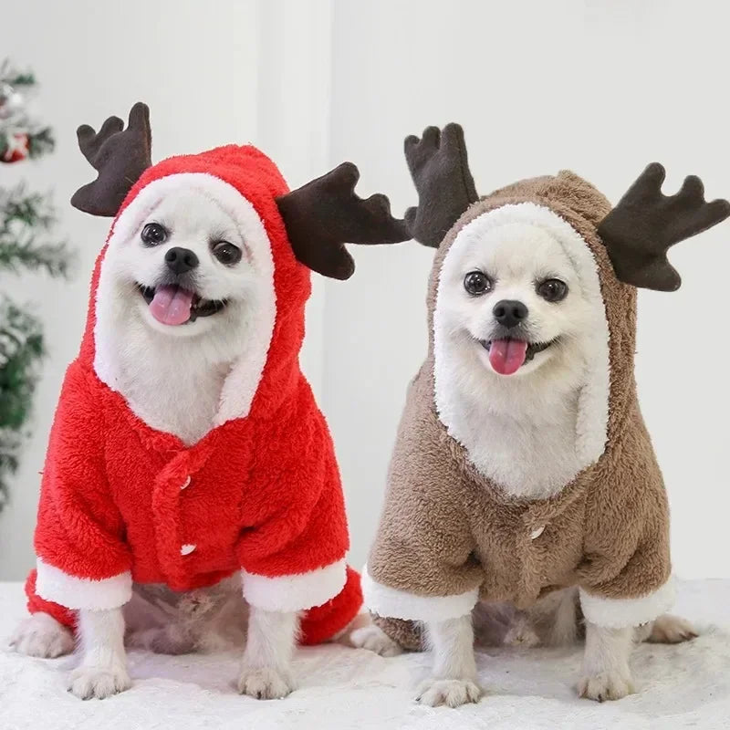 FestiveFleece Hoodie - Christmas Elk & Santa Print Dog Hoodie for Small Medium Dogs
