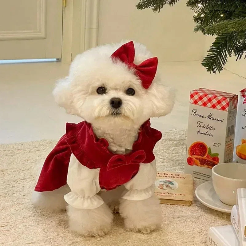 PrincessPaws Bow Dress Set - Corduroy Christmas Princess Costume for Teddy & Small Dogs