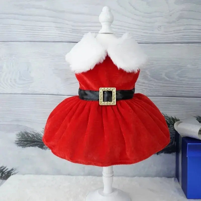 Pet Christmas Clothing Dog Cat Red Dress Warm Bow Frock Golden Velvet Fabric Santa Claus Clothes Dogs Cats Garment Pets Supplies