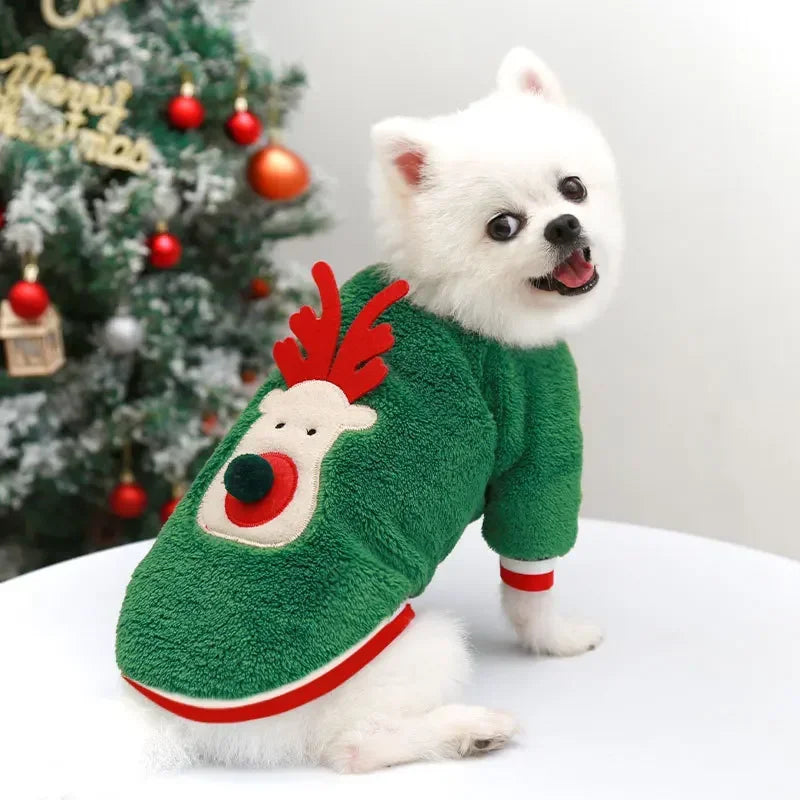 FestiveFleece Hoodie - Christmas Elk & Santa Print Dog Hoodie for Small Medium Dogs