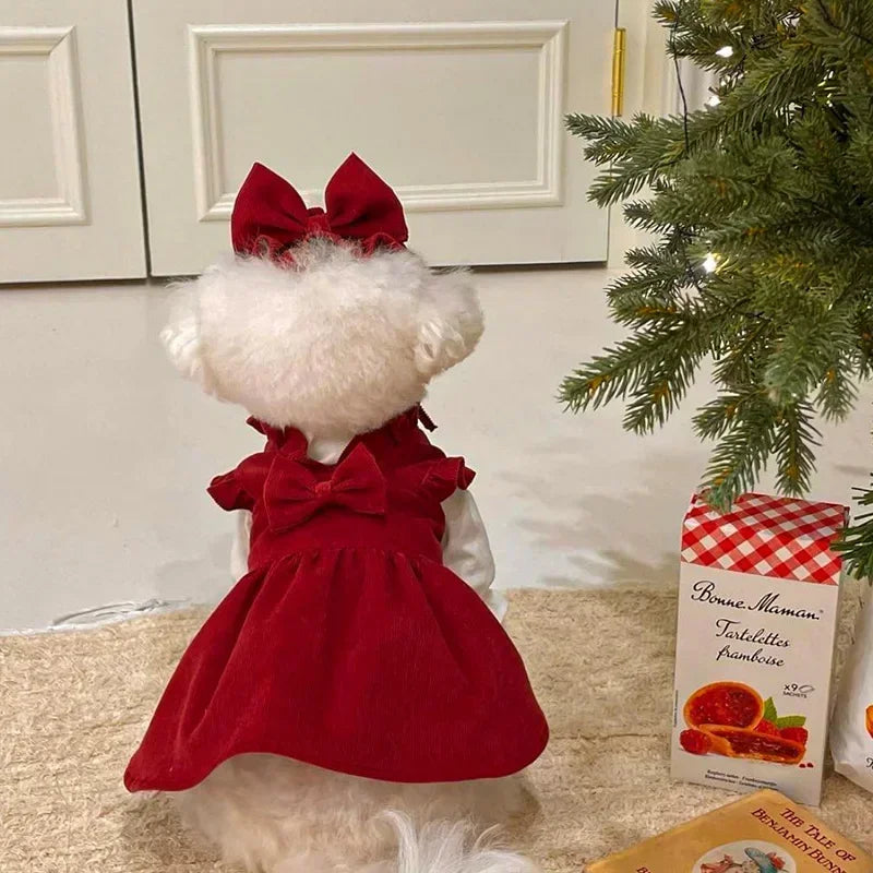 PrincessPaws Bow Dress Set - Corduroy Christmas Princess Costume for Teddy & Small Dogs