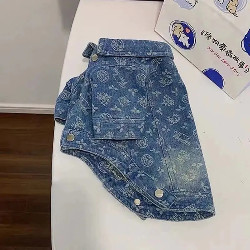 Printing Denim Clothes for Small Medium Dogs Soft Polyester Unisex Cat Overalls Snap Button Coats Autumn Pet Chihuahua Clothing