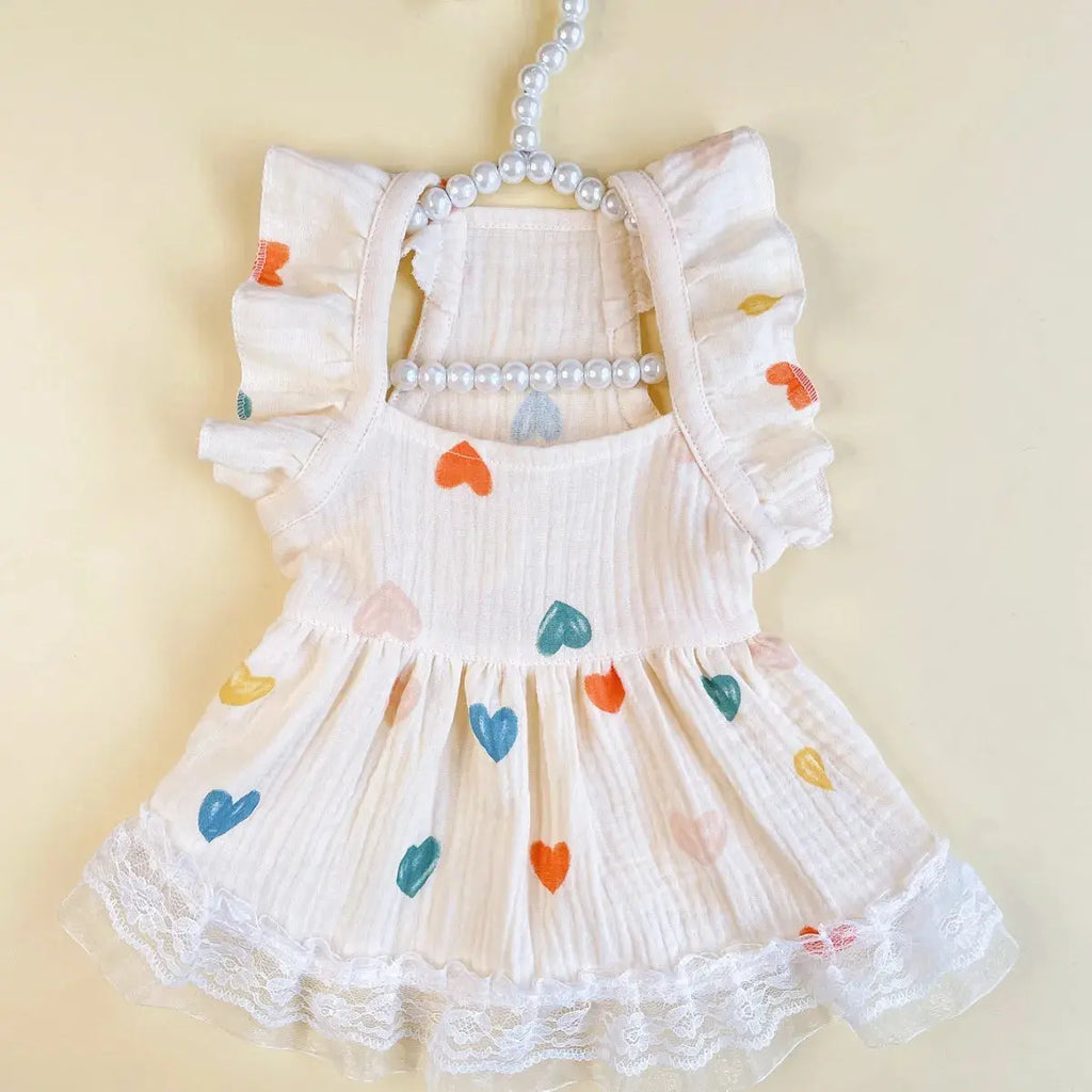 Pet Light Yellow Heart-shaped Little Fly Sleeve Dress Cat and Dog Four Season Vest Puppy Clothes Dog Dresses for Small Dogs