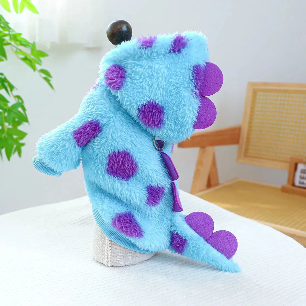 Cosplay Dinosaur Dog Halloween Costume for Small Dogs Dress Up Hoodies Thermal Velvet Padded Dog Pajamas Winter Puppy Jumpsuit