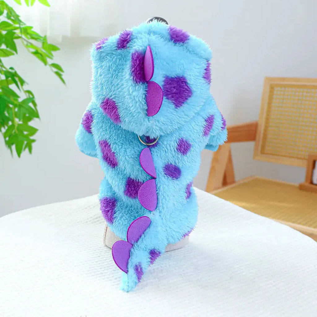 Cosplay Dinosaur Dog Halloween Costume for Small Dogs Dress Up Hoodies Thermal Velvet Padded Dog Pajamas Winter Puppy Jumpsuit
