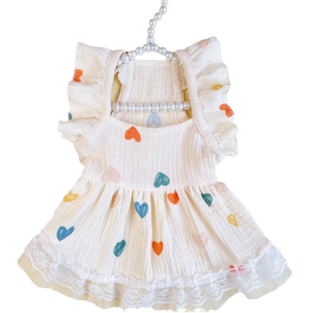 Pet Light Yellow Heart-shaped Little Fly Sleeve Dress Cat and Dog Four Season Vest Puppy Clothes Dog Dresses for Small Dogs