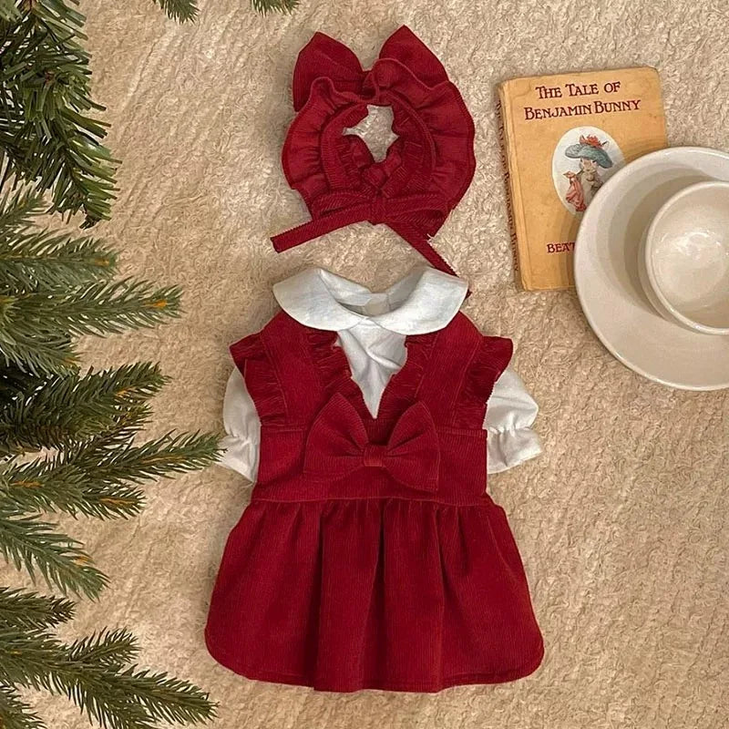 PrincessPaws Bow Dress Set - Corduroy Christmas Princess Costume for Teddy & Small Dogs