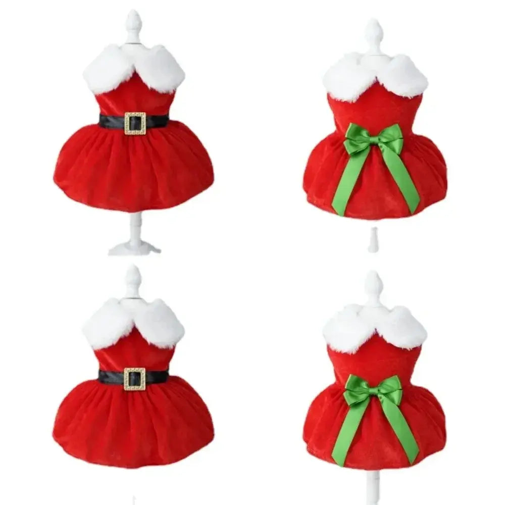 Pet Christmas Clothing Dog Cat Red Dress Warm Bow Frock Golden Velvet Fabric Santa Claus Clothes Dogs Cats Garment Pets Supplies