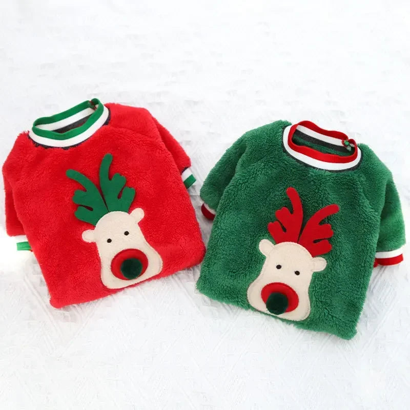 FestiveFleece Hoodie - Christmas Elk & Santa Print Dog Hoodie for Small Medium Dogs