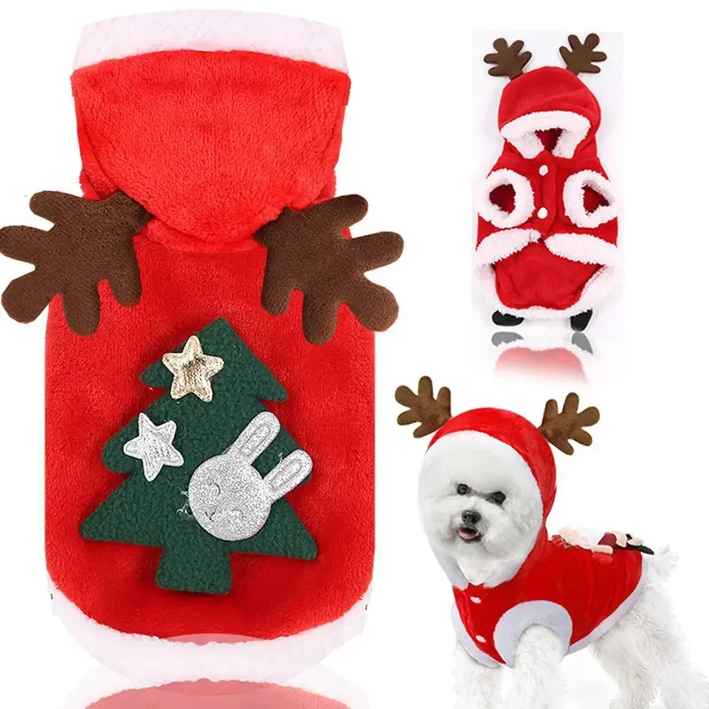 FestiveFleece Hoodie - Christmas Elk & Santa Print Dog Hoodie for Small Medium Dogs
