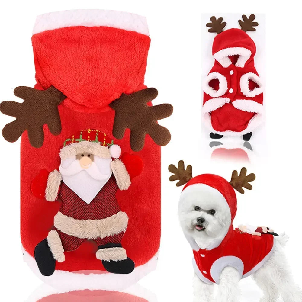 FestiveFleece Hoodie - Christmas Elk & Santa Print Dog Hoodie for Small Medium Dogs