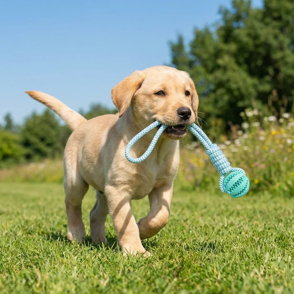 Cotton Rope & Rubber Dog Chew Ball – Treat Dispenser Toy, 18x13cm, Durable for Boredom & Teething