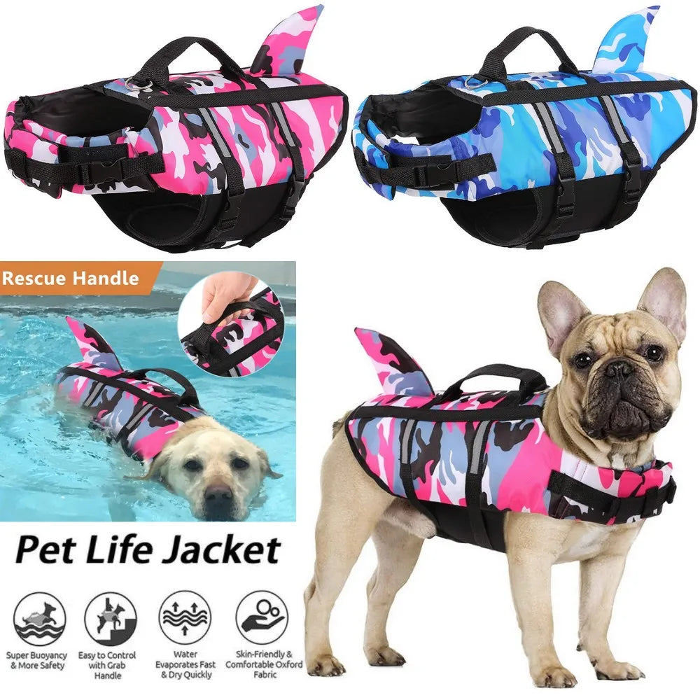 Shark Fin Dog Life Jacket - Camo Blue & Pink Safety Swim Vest