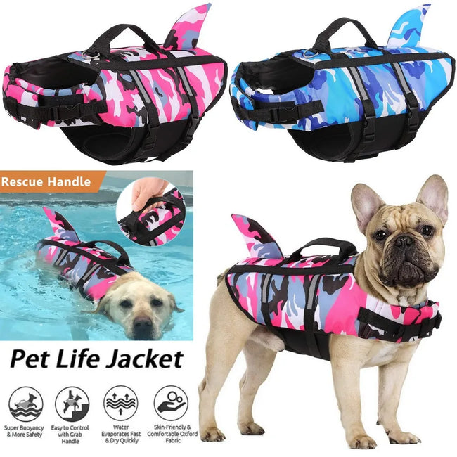 Shark Fin Dog Life Jacket - Camo Blue & Pink Safety Swim Vest Hover Image