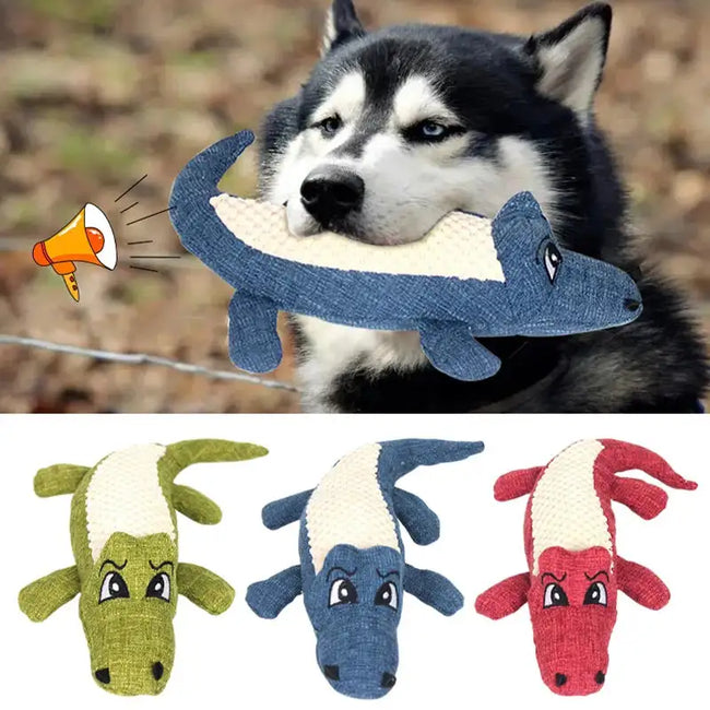Interactive Squeaky Alligator Chew Toy – Durable Puppy Teething & Teeth Cleaning Dog Toy with Crinkle Sound, Non-Toxic (Blue/Red/Green) Hover Image