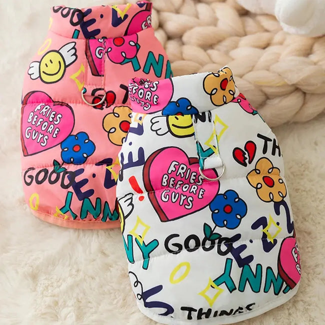 Winter Dog Vest Dopamine Graffiti Print Warm Windproof Outdoor Pet Jacket Fashion Chihuahua Yorkshire Clothes Pet Apparel Hover Image