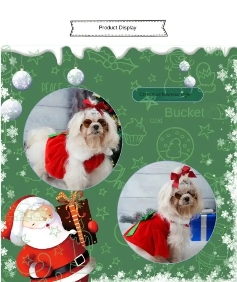 Pet Christmas Clothing Dog Cat Red Dress Warm Bow Frock Golden Velvet Fabric Santa Claus Clothes Dogs Cats Garment Pets Supplies