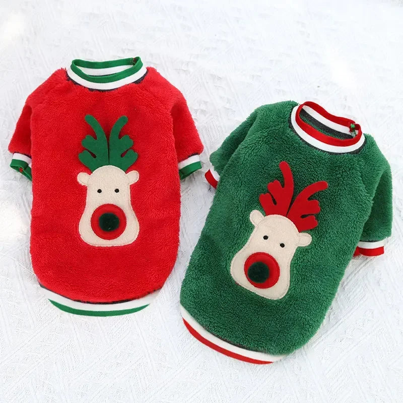 FestiveFleece Hoodie - Christmas Elk & Santa Print Dog Hoodie for Small Medium Dogs