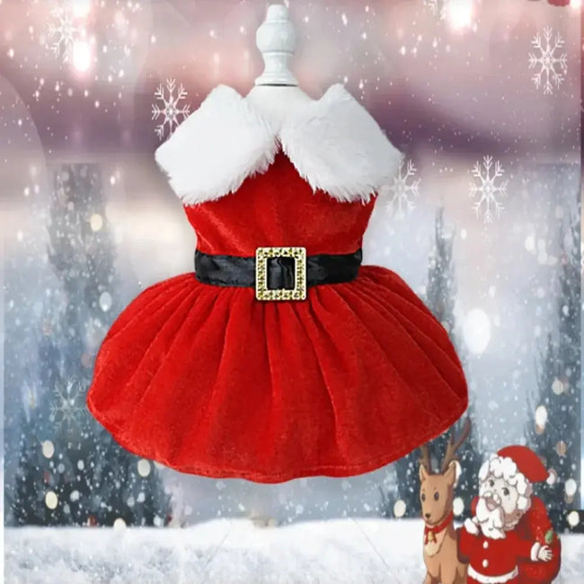 Pet Christmas Clothing Dog Cat Red Dress Warm Bow Frock Golden Velvet Fabric Santa Claus Clothes Dogs Cats Garment Pets Supplies Main Image