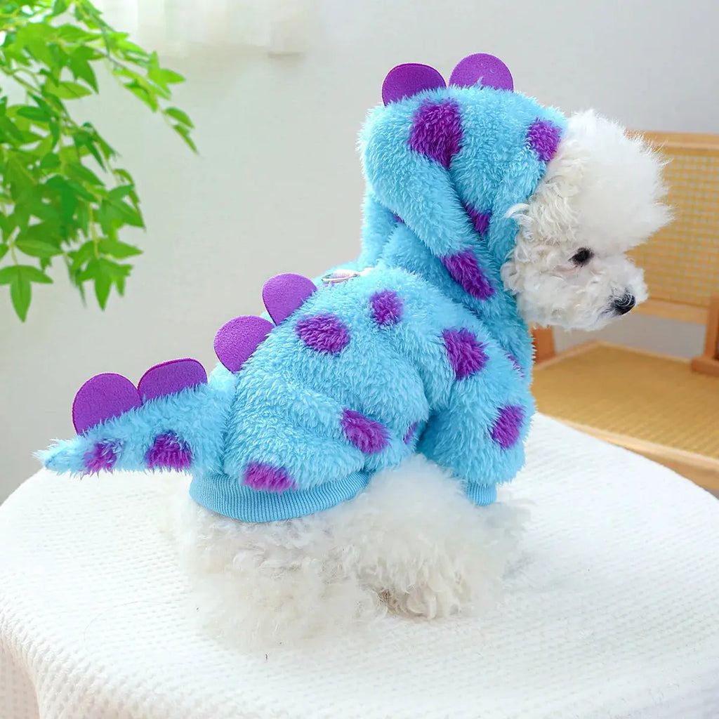 Cosplay Dinosaur Dog Halloween Costume for Small Dogs Dress Up Hoodies Thermal Velvet Padded Dog Pajamas Winter Puppy Jumpsuit