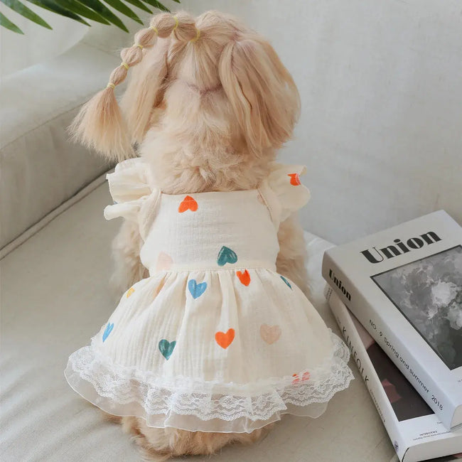 Pet Light Yellow Heart-shaped Little Fly Sleeve Dress Cat and Dog Four Season Vest Puppy Clothes Dog Dresses for Small Dogs Hover Image