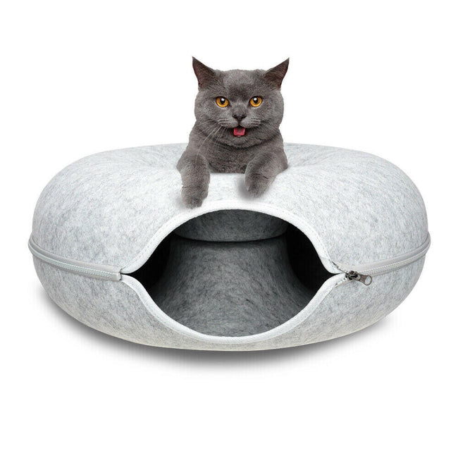 Light Grey Cat Tunnel Bed – Interactive Donut Cave for Cats and Small Pets Hover Image