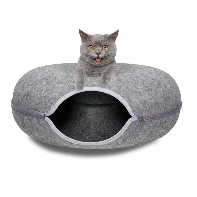 Dark Grey Felt Cat Tunnel Bed – Washable Detachable Donut Cave for Cats and Small Pets Hover Image