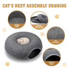 Dark Grey Felt Cat Tunnel Bed – Washable Detachable Donut Cave for Cats and Small Pets