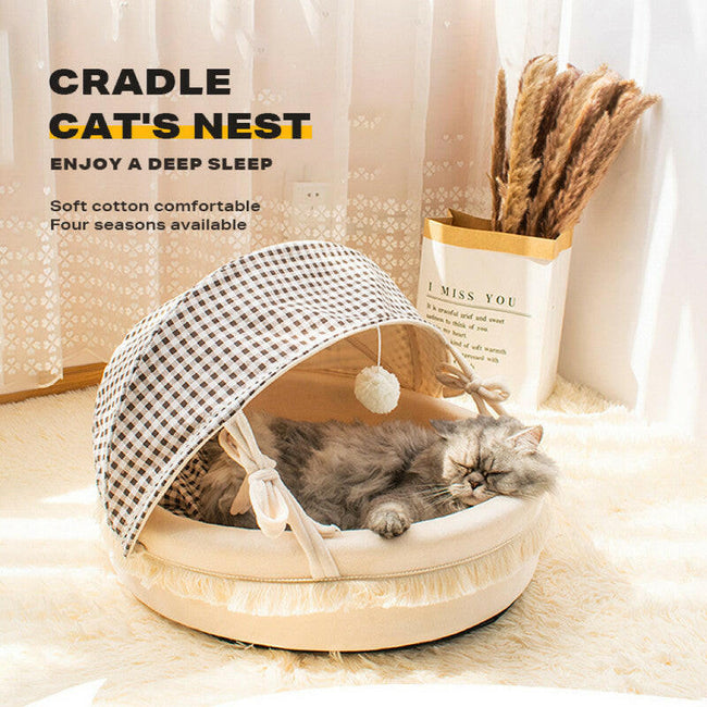 Plush Cat Cave Bed with Canopy - Cozy Tent Style Main Image