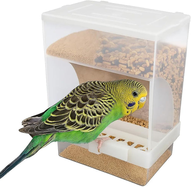 No Mess Bird Feeder for Cage, Automatic Acrylic Seed Container with Large Hook, Install-Free Parrot Feeder for Budgerigar, Canary, Cockatiel, Parakeet, Finch Hover Image