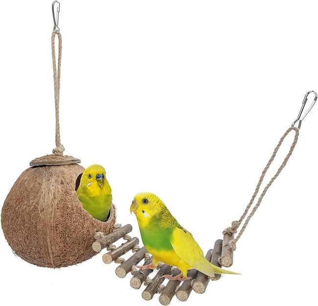 100% Natural Coconut Hideaway with Ladder, Bird and Small Animal Toy Hover Image