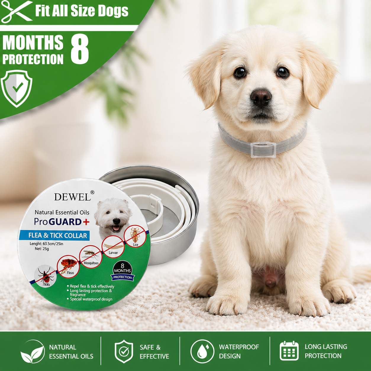 Natural Flea and Tick Collar 8-Month Protection for All Pets
