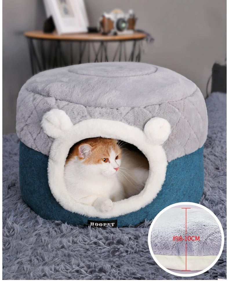 Convertible Plush Cat Bed – 2-in-1 Enclosed Hideaway